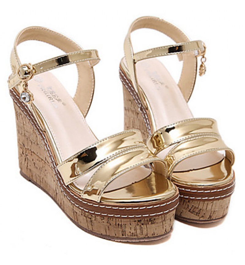 Women's Shoes PU Summer Wedges / Open Toe Sandals Dress / Casual Wedge Heel Sequin Silver / Gold