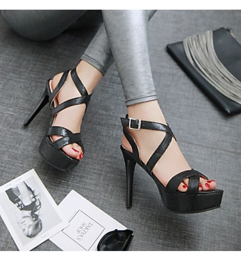 Women's Spring / Summer / Fall Peep Toe Leatherette Outdoor / Dress / Casual Stiletto Heel Buckle Black / Silver / Gold