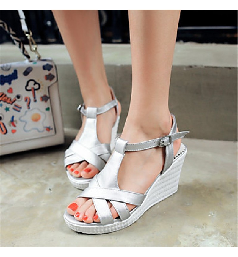 Women's Shoes Leatherette Wedge Heel Wedges Sandals Wedding / Party & Evening / Dress / Casual White / Silver