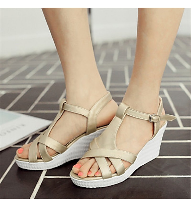 Women's Shoes Leatherette Wedge Heel Wedges Sandals Wedding / Party & Evening / Dress / Casual White / Silver