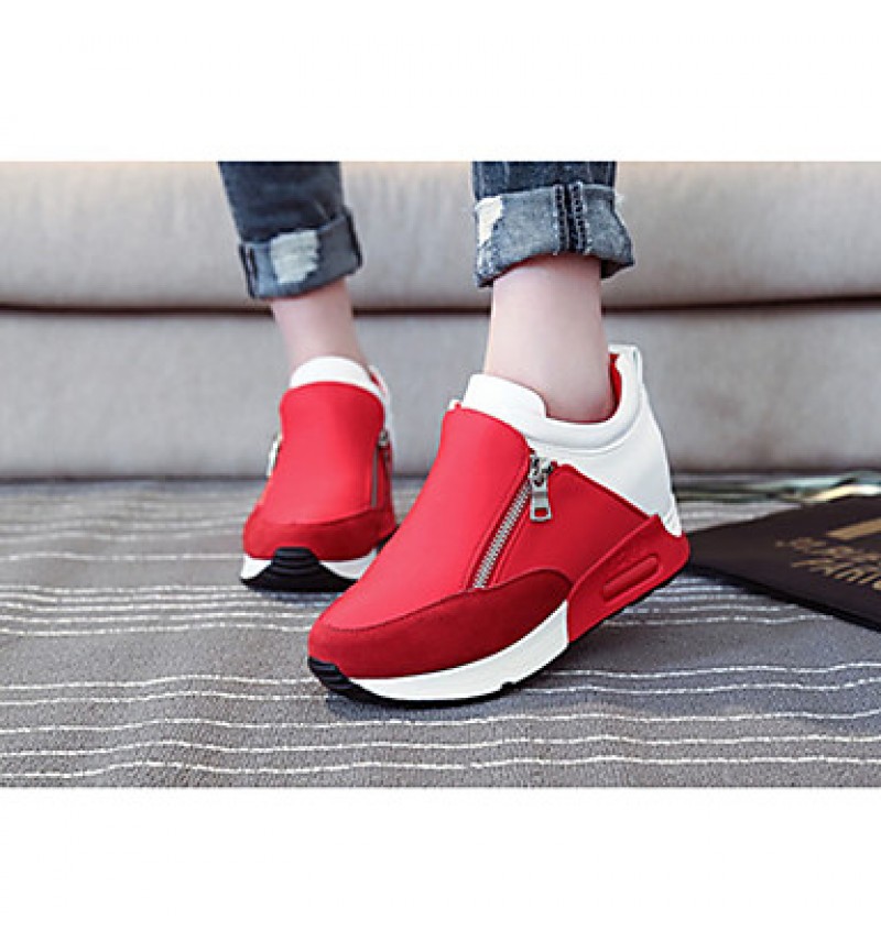 Women's Heels Winter Round Toe PU Casual Wedge Heel Zipper Black / Red Others