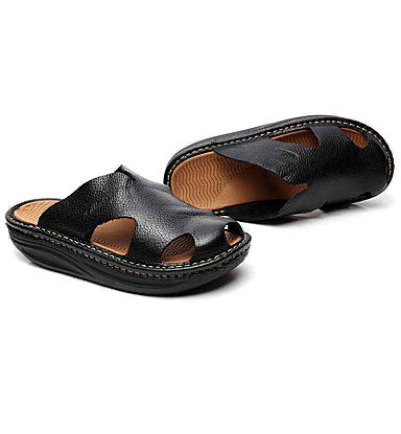 Men's Shoes summer Outdoor / Casual Leather Platform Slippers Black / Brown  