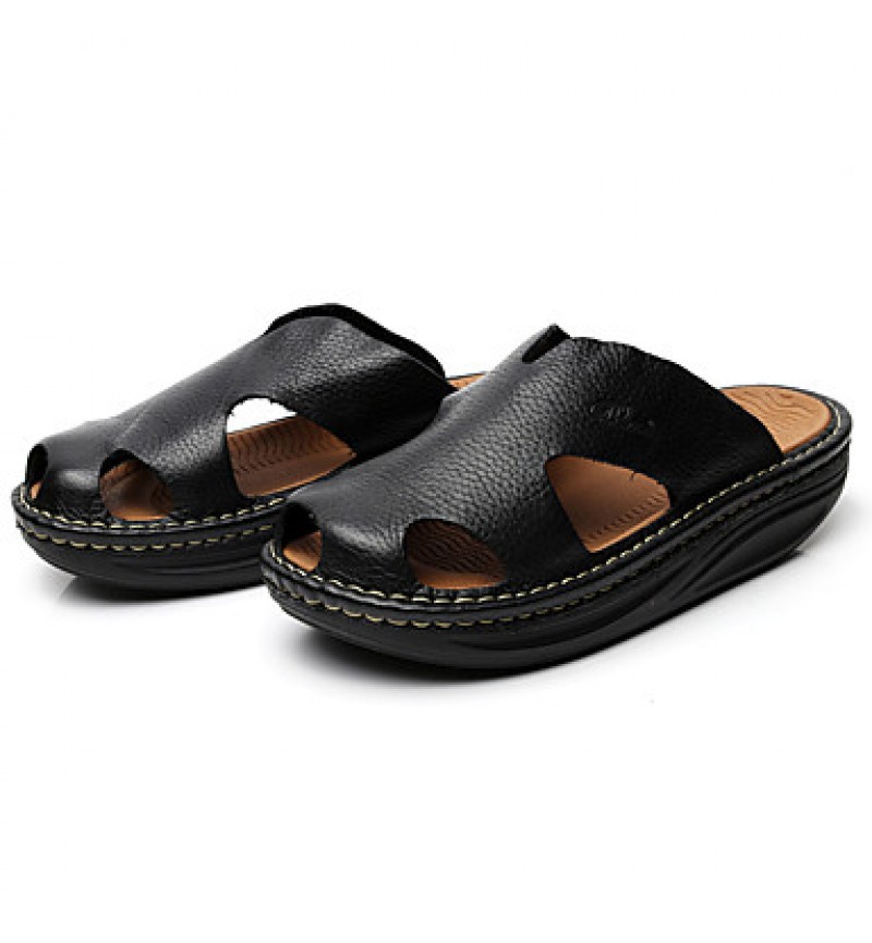 Men's Shoes summer Outdoor / Casual Leather Platform Slippers Black / Brown  