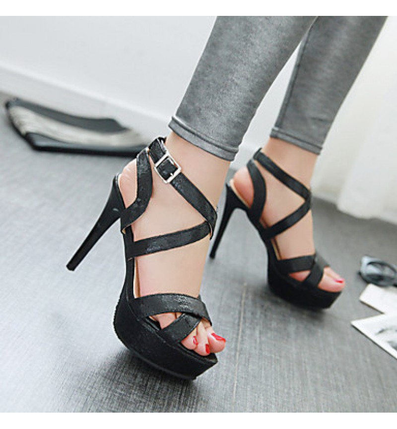 Women's Spring / Summer / Fall Peep Toe Leatherette Outdoor / Dress / Casual Stiletto Heel Buckle Black / Silver / Gold