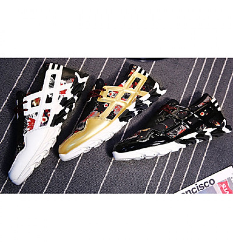 Women's Sneakers Spring / Fall Round Toe PU Athletic Flat Heel Others / Lace-up Black / White / Gold Running