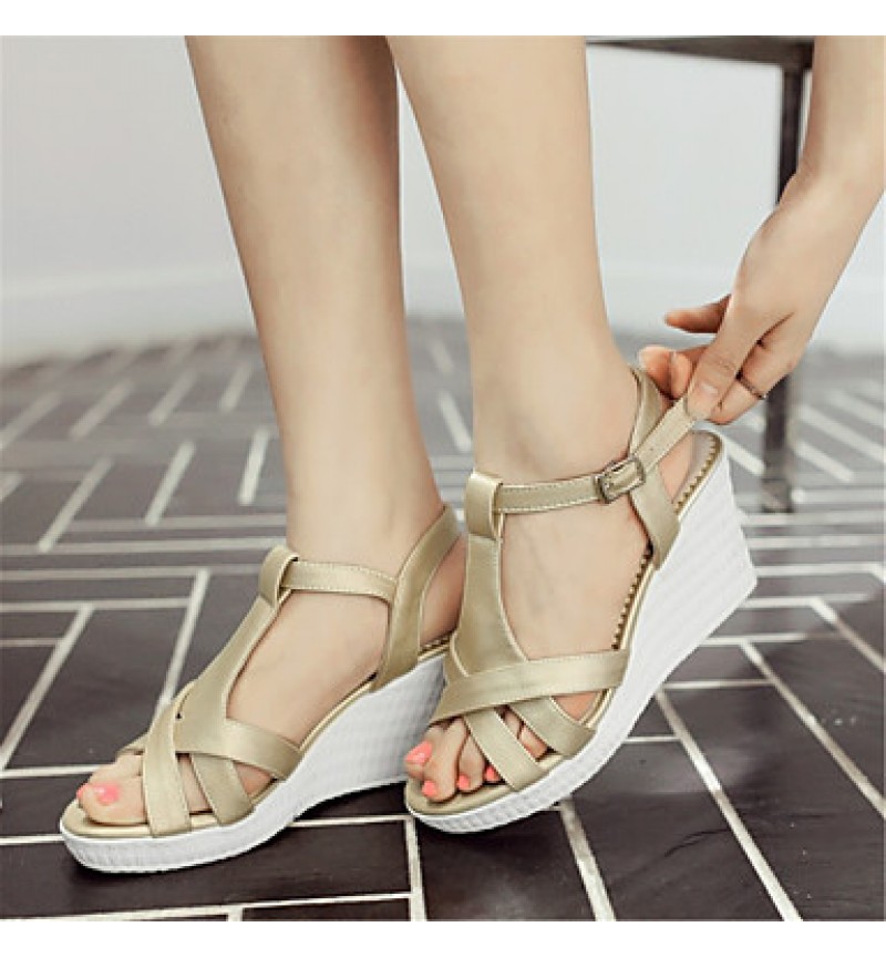 Women's Shoes Leatherette Wedge Heel Wedges Sandals Wedding / Party & Evening / Dress / Casual White / Silver